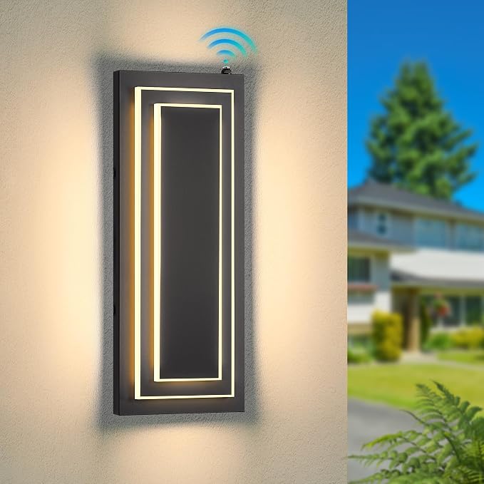 Dusk to Dawn Outdoor Wall Light,Exterior Light Fixtures 15.7 in,24W | 2-Tier Black Modern Outside Lights For House,Porch,Garage,Front Door,Patio With 3000K Warm White LEDs,Waterproof, 1 Pack