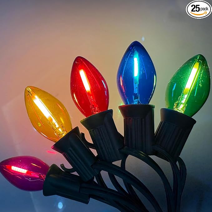 26Ft C7 LED Multicolor Christmas Lights Outdoor, Vintage Christmas String Lights with 27 Clear Colored LED Bulbs, Hanging Old Fashioned Xmas Decorations for Outside Holiday Party Garden, Green Wire