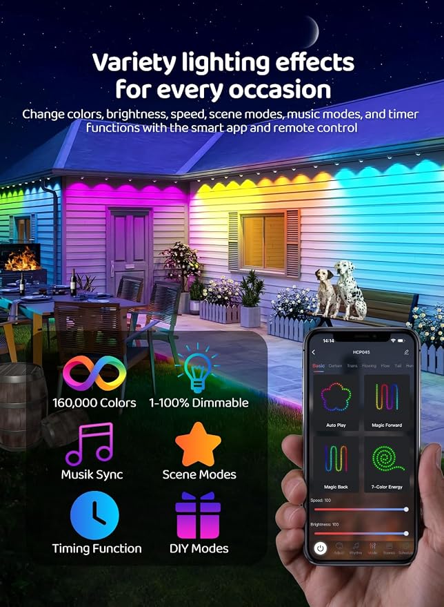 Gaoxun 200ft Permanent Outdoor Lights, RGBW Smart LED Christmas Lights with 72 LED, APP/Remote Control, Dimmable, 47 Scene Modes, Timer, IP67 Waterproof Eaves Lighting for Daily Holiday Decorations