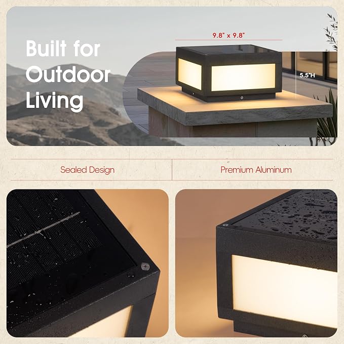 MVBT 10" Solar Post Lights, 3000K Pillar Light Outdoor, Square Column Light | 10×10 Modern Column Lamp Dusk to Dawn, Outdoor Post Light Waterproof, Fence Post Light Solar Powerd for Deck Patio Gate Posts