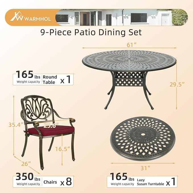 9-Piece Patio Furniture Dining Set, All Weather Cast Aluminum Outdoor Conversation Set- 61" Round Patio Dining Table with Detachable Lazy Susan & 8 Cushioned Chairs, Umbrella Hole, Chili Red