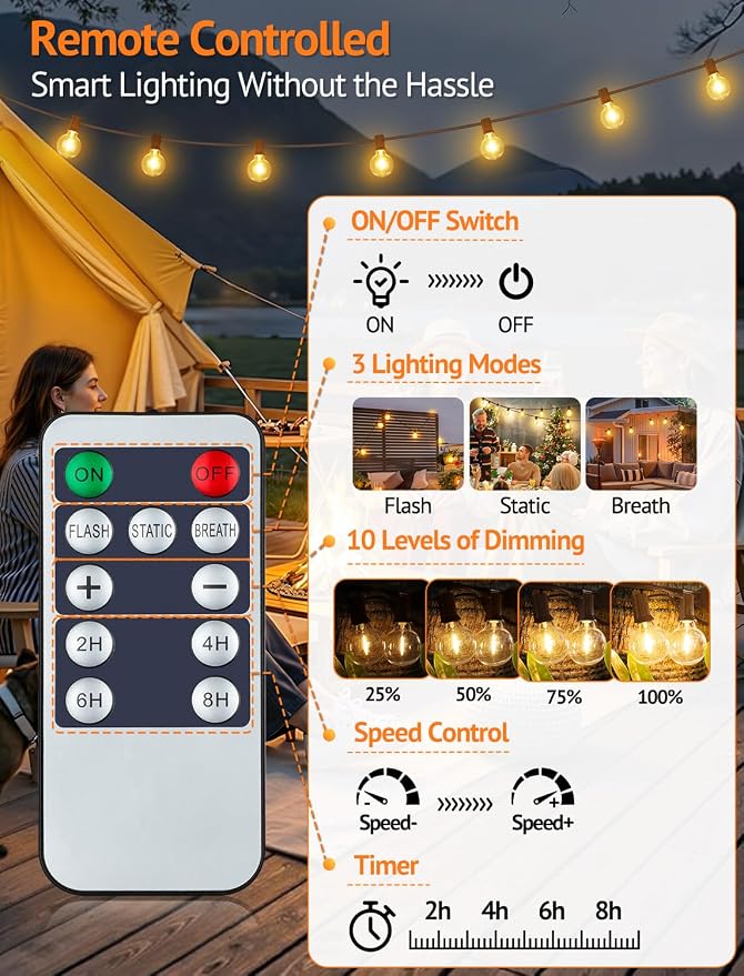 25FT Solar String Lights with Remote, 3 Modes, 11 G40 Bulbs, Brown | Solar Powered, Dusk to Dawn, Dimmable, Timer, Memory Function, LED Globe Hanging Lights for Fence Deck Yard