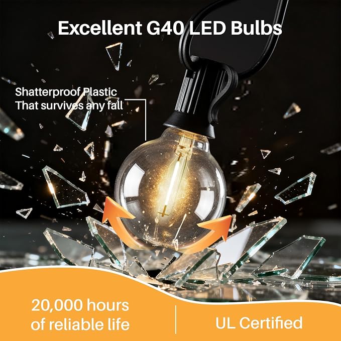 25 FT 2700K Outdoor String Lights,13 Plastic Edison Bulbs, E12 Base | G40 globe shatterproof bulbs, IP65 waterproof, dimmable LED, for backyard porch balcony party decor