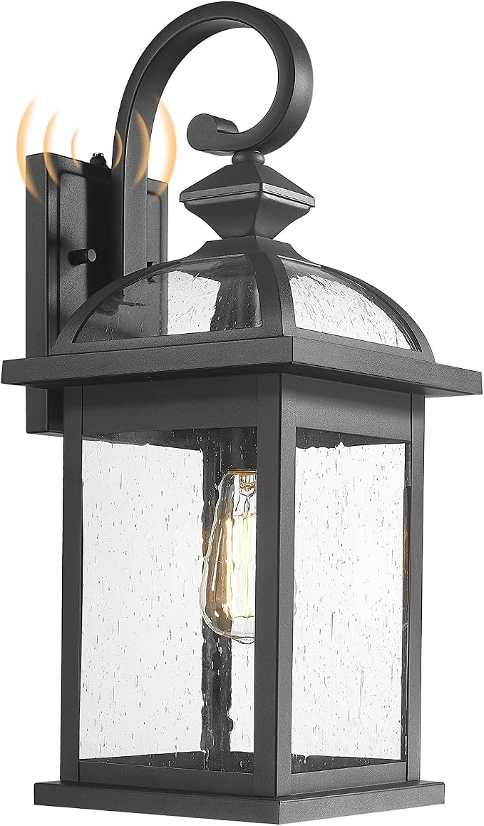 Darkaway Dusk to Dawn Outdoor Lights Fixture Wall Mount,Large 22inch Exterior Wall Light with Seeded Glass Waterproof Black Outside Wall Sconce for House Porch Hallway Garage