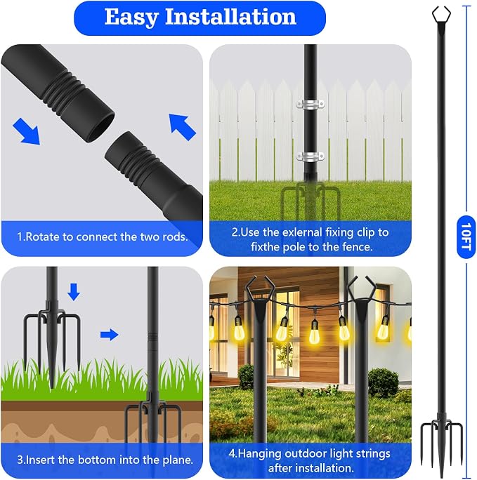 SINLEY 6 Pack String Light Poles,10 Ft Metal Poles with Fork for Outdoor String Lights,Outdoor Light Poles with Fork,Poles/Post/Stand for Outside,Patio,Deck,Backyard,Garden Wedding,Party