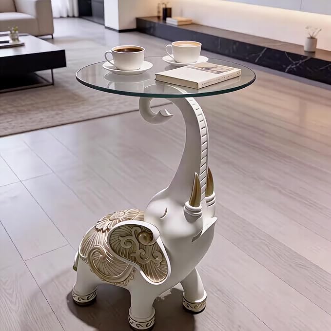 Elephant Side Table with Glass Top, White and Gold, 27.2 Inch