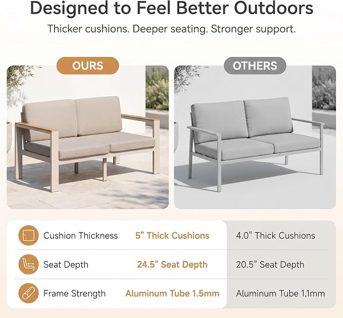 Aluminum Outdoor Patio Furniture Loveseat, All-Weather 2-Seat Patio Sofa with Rust-Resistant Frame and Water-Resistant Easy-Clean Cushions for Porch, Deck, Backyard, Beige