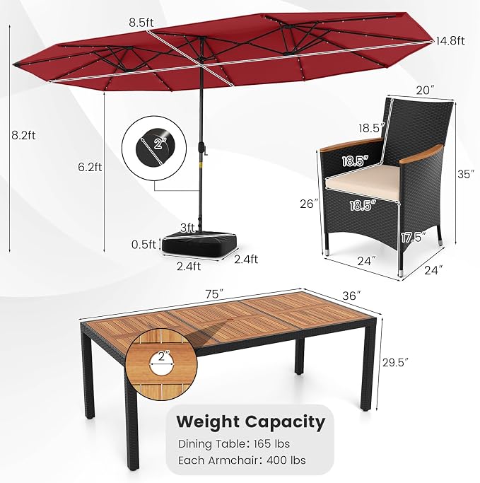 Tangkula 11 Pieces Patio Dining Set with Double-Sided Led Patio Umbrella (Base Included), with 8 Stackable Chairs, Acacia Wood Dining Table and Large Umbrella with Solar Lights (Burgundy + Off White)