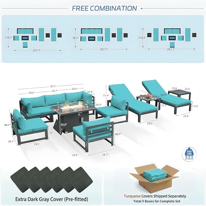 NICESOUL 11 Piece Extra Large Contemporary Aluminum Outdoor Furniture Set with Chaise Lounge & Fire Pit Table, 29" Deep Couch Set, 500 lbs High Weight Capacity Patio Sectional Sofa for Poolside, Teal