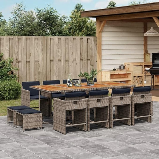 13 Piece Garden Dining Set, Patio Furniture with Foldable Chairs and Stools, Space Saving Cube Table for Backyard, Grey PE Rattan and Acacia Wood