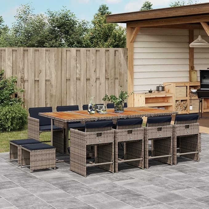 13 Piece Garden Dining Set, PE Rattan Patio Furniture with Table, 8 Chairs and 4 Stools, Space Saving Cube Design for Backyard, Grey