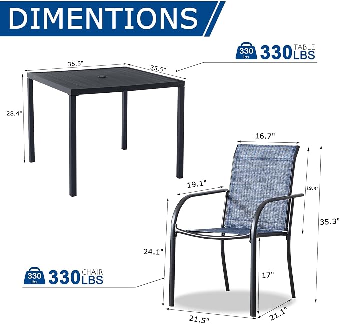 5 Pieces Patio Dining Set for 4, Blue Patio Stackable Chairs and Black Square Table Set of 4, Outdoor Furniture Set with Sling Support for Outside, Garden