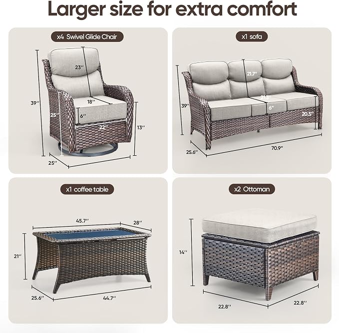 Swivel Patio Chairs sofa Set of 8 with 6" Thick Cushion - Wicker Outdoor Swivel Rocker Patio Chair ,Sofa/Glass coffee table, High Back Comfortable Outdoor Glider Chairs - Brown Wicker | Beige Cushions