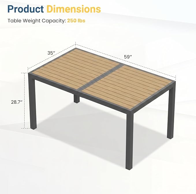 Aluminum Outdoor Table for All-Weather, 59" Patio Tables with Heavy Duty HDPS Rectangular Tabletop, Outside Table with Quick-Drying Slatted Design for Porch, Patio, Garden, Deck, Poolside, Backyard