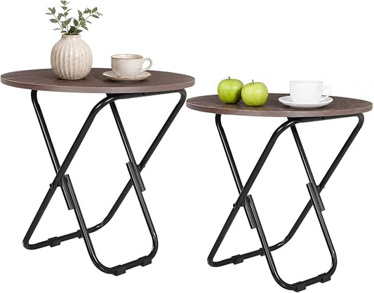 VECELO Patio Outdoor Side Table Set of 2,17.7 inch Small Folding Table Round Waterproof Wood Table,Foldable Anti-Rust Metal Legs Snack Desk for Garden Balcony,Yard,Living Room