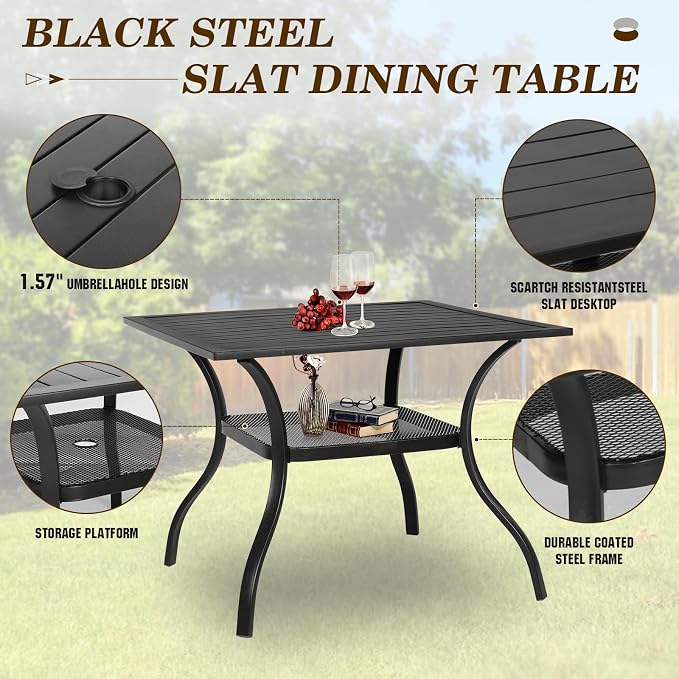 SUNCROWN 5 Pieces Outdoor Dining Set, Patio Furniture Set with 4 x Textilene Dinning Chairs and 1 Steel Slat Metal Bistro Table for Lawn Garden Backyard Poolside Deck, Black