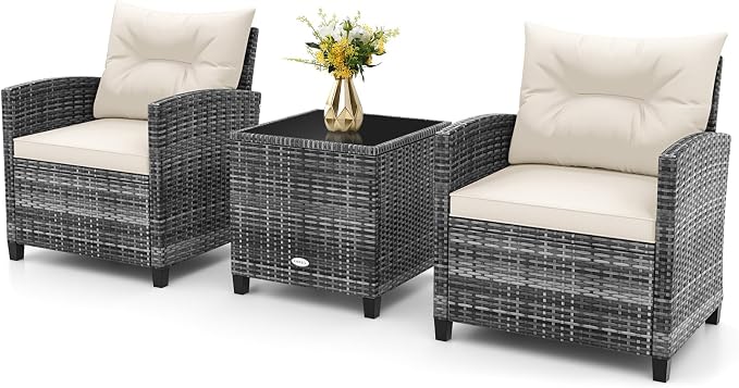 HAPPYGRILL 3 Pieces Patio Conversation Set PE Rattan Outdoor Furniture Sofa Set with Removable Cushion, PE Wicker Chairs with Tempered Glass Side Table for Porch Lawn Garden Balcony Backyard