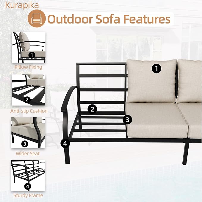 Kurapika Metal Patio Furniture Set 5-Seat Modern Metal Bistro Set Outdoor Conversation Sets, 2 Piece Patio Rocker Chairs with Thick Cushion and Coffee Table for Garden Backyard Deck Lawn, Sand