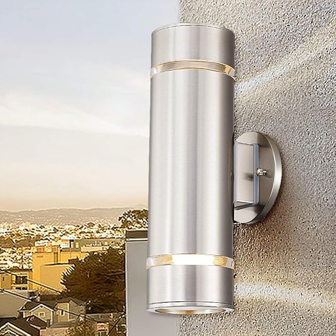 13" Stainless Steel Modern Outdoor Wall Sconce Cylinder Porch Light | E26 Base,UL listed,Brushed Nickel Up and Down Lights Outdoor Exterior Lighting Fixture for House Garage Patio Porch Garden