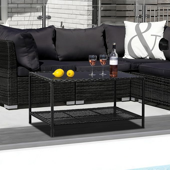 SUNNYPARK Outdoor Rattan Coffee Table 36’’ All-Weather Wicker Patio Side Tables with Glass Top and Storage Shelf Furniture for Living Room Balcony Backyard Poolside