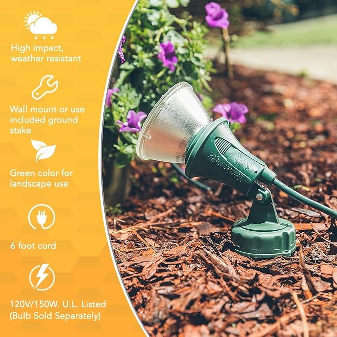 Woods Outdoor Floodlight | Green | 6-Foot Cord | Weather-Resistant | With Ground Stake | Pack of 6