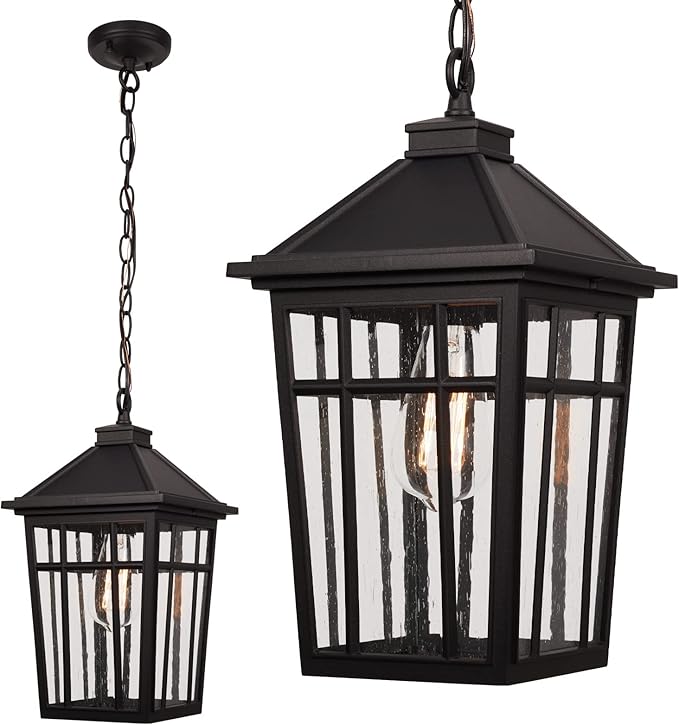Darkaway Large Outdoor Pendant Light Fixture, 16inch Outdoor Hanging Light Porch Lights Fixtures Anti-Rust Waterproof Aluminum with Seeded Glass for Porch Entryway Doorway Farmhouse (Black，Large)