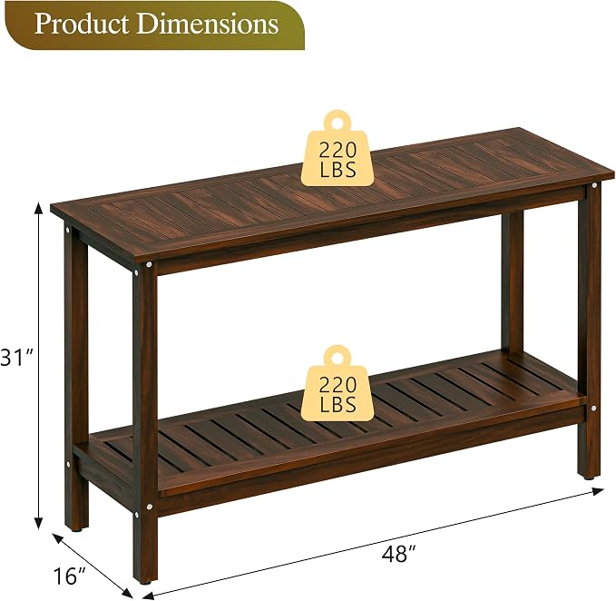 ZenStyle Solid Wood 48in 2-Shelf Console Table, Indoor Outdoor Accent Plant Table Storage Organizer w/Foot Sliders for Patio, Deck, Porch, Garden (Espresso)