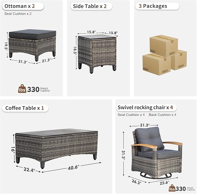 MEISSALIVVE 9 Pieces Outdoor Patio Furniture Sets,PE Wicker Patio Conversation Sets with 4 Wood Armrests Swivel Rocker Chairs，2 Ottoman and Coffee Table(Grey)