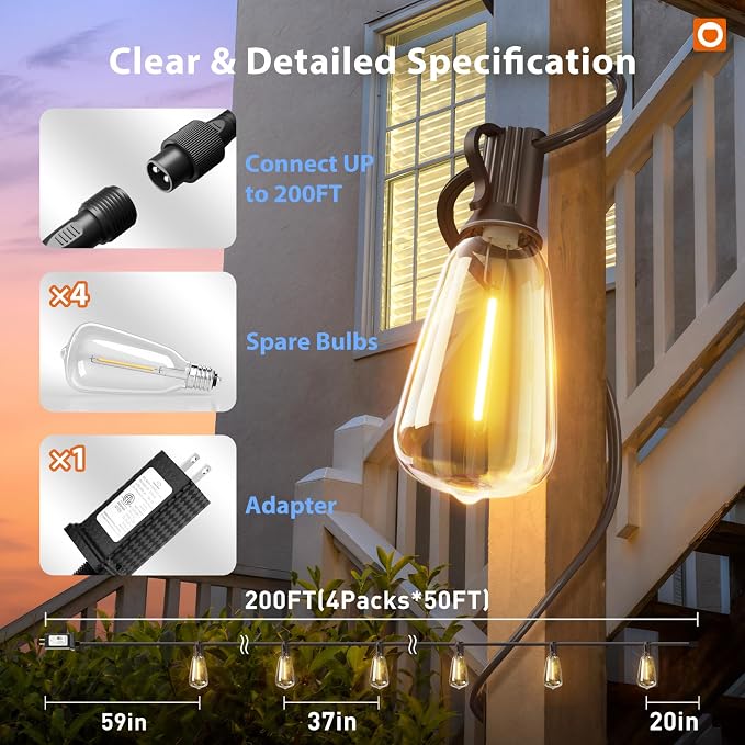 addlon 200(50FT*4) Outdoor String Lights with Remote LED Edison Waterproof | Plastic ST38 Shatterproof Bulbs, Extra Long Lighting, Hanging for Patio Outside Backyard Pergola Bistro Porch Garden Party