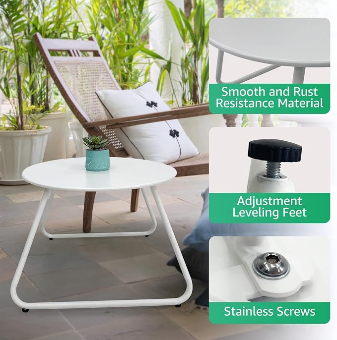 Meluvici Patio Outdoor Coffee Table Set of 2, Weather Resistant Steel Round End Tables, Outdoor Nesting Table for Patio, Balcony, Bistro and Indoor, Black (White)