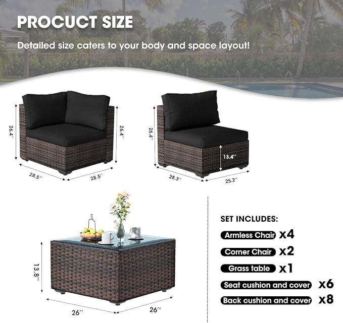 Grezone Patio Furniture Set 7 Piece Outdoor Wicker Sectional Sofa - All Weather High Backrest PE Rattan Couch Conversation Set with Cushion & Glass Top Table for Backyard Deck Porch Black