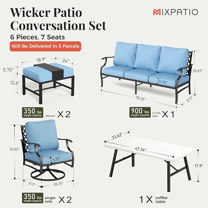 MIXPATIO Patio Furniture Set 6 pcs, Outdoor Patio Furniture, 3-Seat Sofa, 2 Swivel Chairs, 2 Ottomans, Coffee Table and 5.75" Extra Thick Cushion, Patio Conversation Set for Garden Backyard Deck,Blue