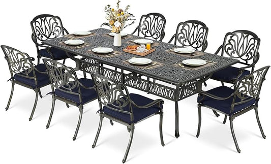 MEETWARM 9-Piece Outdoor Patio Dining Set for 8, All Weather Cast Aluminum Patio Funiture Table and Chairs Set- 94.5” Rectangular Table and 8 Cushioned Chairs for Garden, 2" Umbrella Hole, Navy Blue