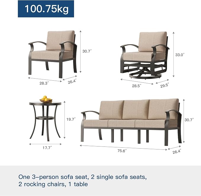 Kullavik Aluminum Patio Furniture Set,7 Piece Modern Metal Outdoor Patio Furniture w/5.1'' Thick Cushion,Swivel Chairs and Rectangular Coffee Table,Patio Conversation Sets for Porch,Deck,Sand
