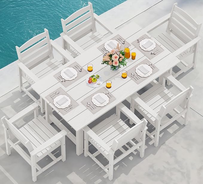 SERWALL 7 Pcs Outdoor Dining Set, 1 Umbrella Hole Table & 6 Chairs, White | HDPE Outdoor Dining Furniture with Rectangular Table & 6 Chairs, All-Weather Resistant SERWALL Dining Set for 6