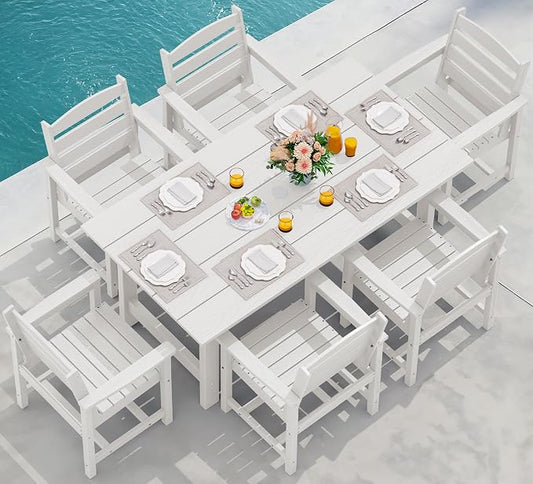 SERWALL 7 Pcs Outdoor Dining Set, 1 Umbrella Hole Table & 6 Chairs, White | HDPE Outdoor Dining Furniture with Rectangular Table & 6 Chairs, All-Weather Resistant SERWALL Dining Set for 6