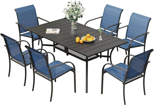 VICLLAX Patio Table and Chairs Set for 6, Patio Furniture Set of 6 Patio Stackable Dining Chairs and Outdoor Metal Table with Umbrella Hole for Backyard Lawn Garden, Blue Chairs and Black Table