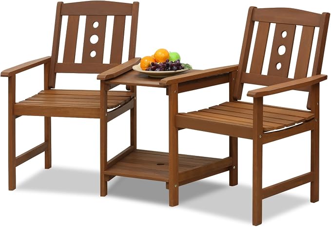 Furinno TIOMAN Outdoor Dining Set, 2-Seater Wood Patio Set, Chairs for 2 & Side Table, with 2-Tier Shelf and Umbralla Holes, for Patio, Garden, Porch, Light Wood