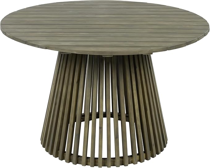 roomfitters 47.25" Round Outdoor Dining Table, Slatted Pedestal Base Acacia Wood Patio Table for 4-6 People, Grey