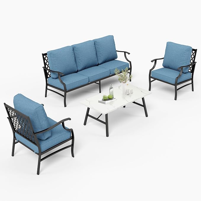 MIXPATIO Patio Furniture Set 4 pcs, Metal Outdoor Patio Furniture, 3-Seat Sofa, 2 Single Chairs, Coffee Table and 5.75" Extra Thick Cushion, Conversation Set for Backyard Deck, Navy Blue