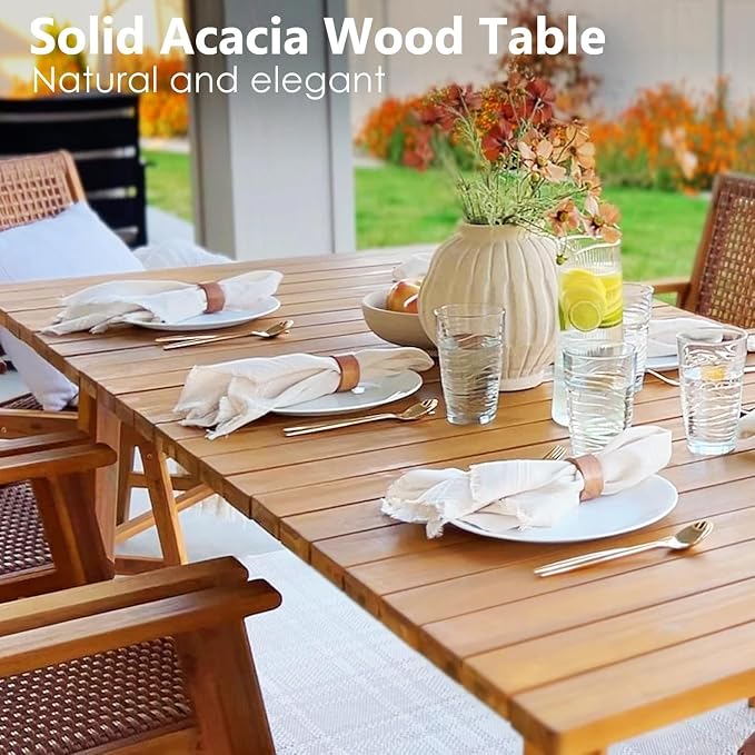 PHI VILLA Patio Dining Set,Acacia Wood Table and Rattan Chairs | PE Rattan chairs, Bright Brown, for Patio, Deck, Yard, Porch