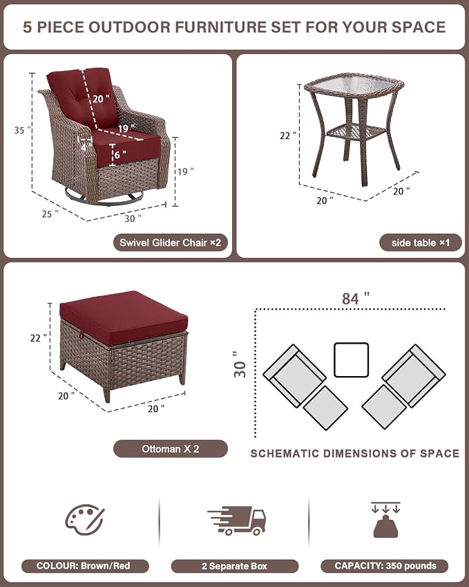 Belord 5 Piece Wicker Patio Furniture Set with Ottoman - High Back Outdoor Swivel Rocker Glider Chairs with Glass Top Side Table,28D High-Density 6" Removable Blue Cushion for Deck Porch Backyard