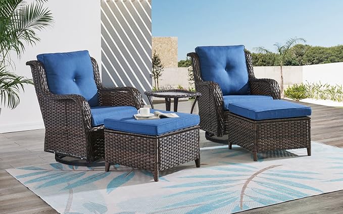 HUMMUH Patio Furniture 6 Pieces Outdoor Furniture Set PE Wicker Patio Couch with Swivel Glider Chairs,Patio Ottomans,Side Table