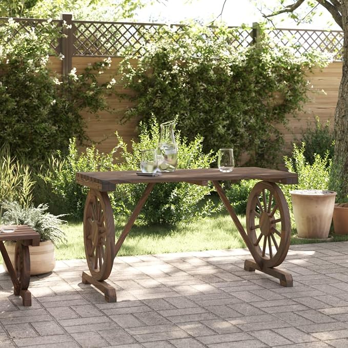 Wooden Patio Table with a Wagon Wheel Design, Wooden Garden Table for Patio, Backyard, 45.3"x21.7"x25.6" Solid Wood Fir,-312