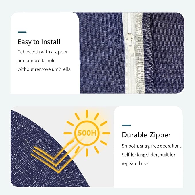 DYTXIII Outdoor Rectangle Tablecloth with Umbrella Hole and Zipper 84" x 60", Water Repellent Floral Picnic Cover, Fade & Wrinkle Resistant Tablecloth for Patio/Garden/Party Table, Textured Navy