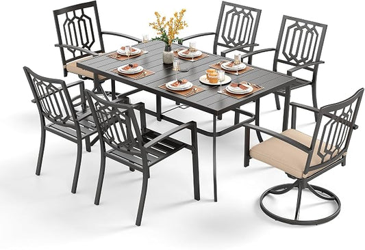 PHI VILLA 7 Pieces Outdoor Dining Set for 6, 59" Rectangle Wrought Iron Table with Umbrella Hole & Swivel/Fixed Chairs Combo with Cushions, Modern Metal Furniture for Patio, Deck, Yard, Porch