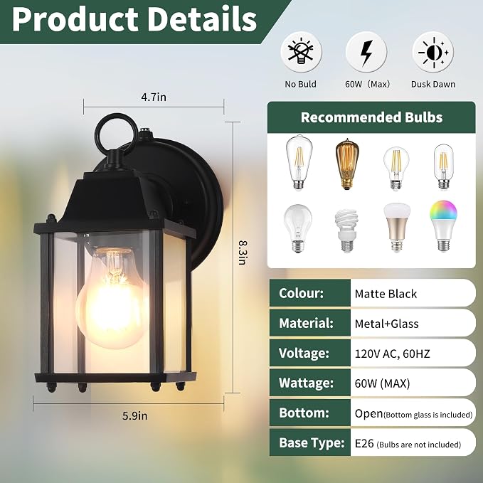 Dawn to Dusk Sensor Outdoor Wall Light Fixtures Waterproof Porch Lights Anti-Rust Black Exterior Lighting Fixtures Outdoor Wall Lantern for House