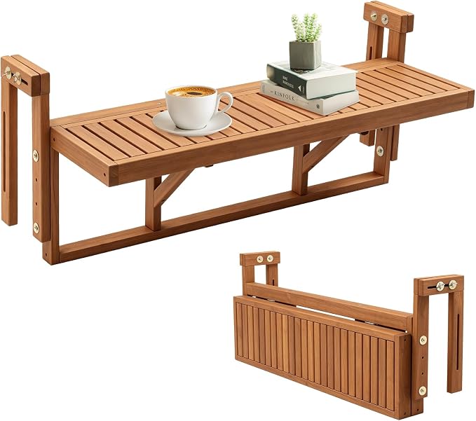 VINGLI 48in Acacia Wood Folding Balcony Hanging Table – Adjustable Height & Width, Balcony Railing Table Ideal for Different Railing Widths, Perfect for Balcony, Patio, Rectangular,Natural Wood Color