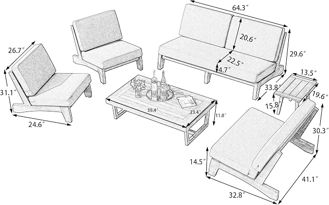 6 Piece Teak Outdoor Patio Frutnire Set, 7 Seater Patio Conversation Sets with Thick Cushions, Outdoor Sectional Furniture with Coffee Table - Light Camel