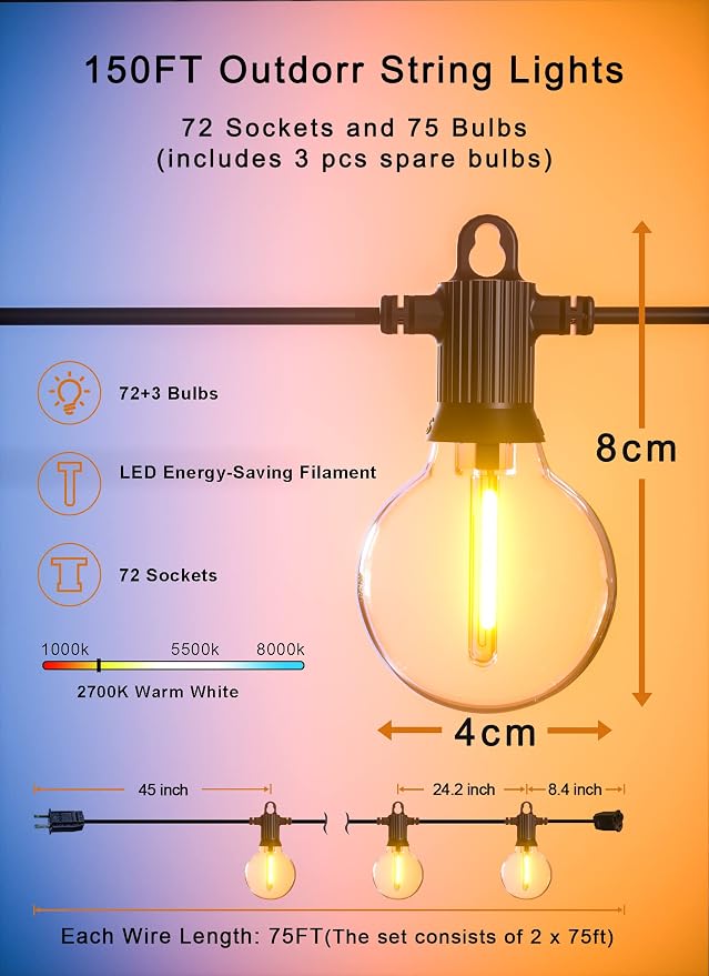 Zuske Outdoor String Lights, 150FT Patio Lights with 75 Shatterproof G40 Globe Bulb(3 Spare), Waterproof Connectable Dimmable LED Hanging Lights for Outside Backyard Porch Balcony Gazebo (2x75FT)